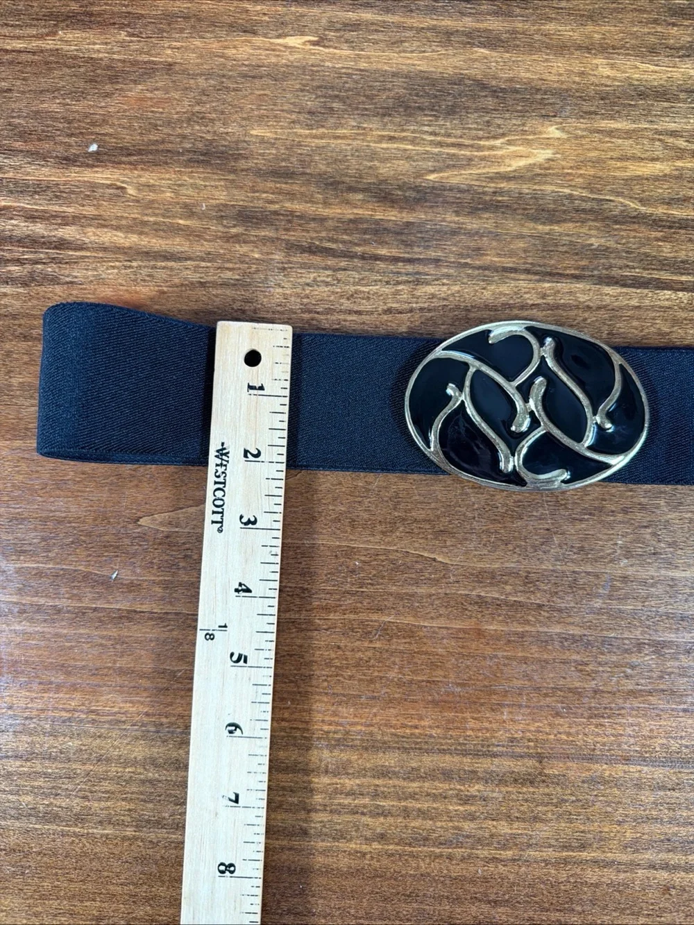 Vintage Elastic Black Waist Belt with Decorative Gold-Tone Oval Buckle